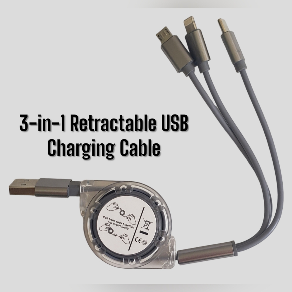 2️⃣-Pack 3-in-1 Retractable USB Fsst Charging Cable:iOS /Type-C/Micro-USB - Picture 1 of 10
